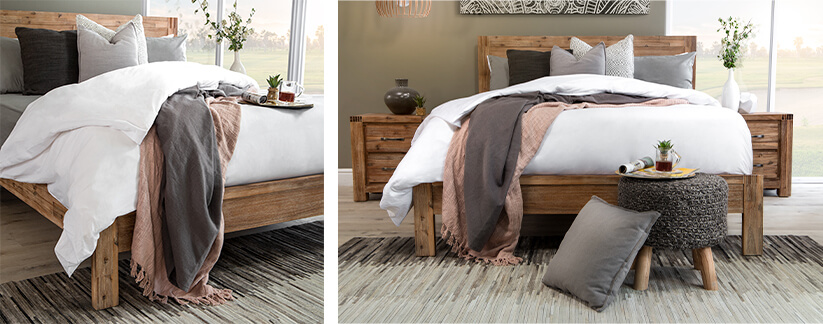 Acacia wood bed made up with white bedding, grey scatter cushions and throws and matching acacia wood pedestals 